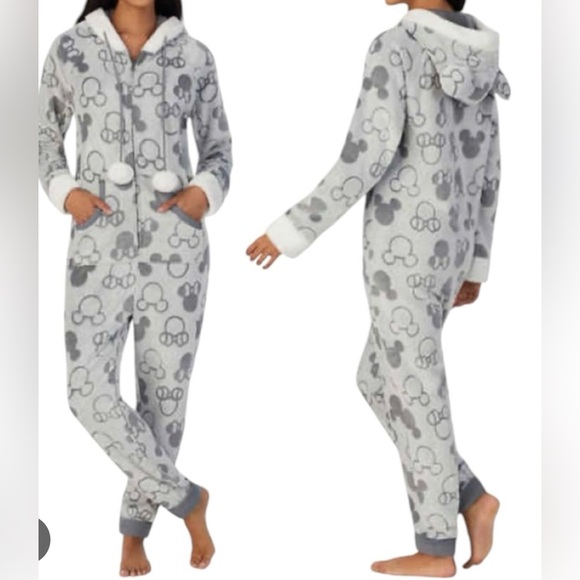 Disney Gray Mickey Mouse Women's Hooded Pajama Onesie - Picture 1 of 3